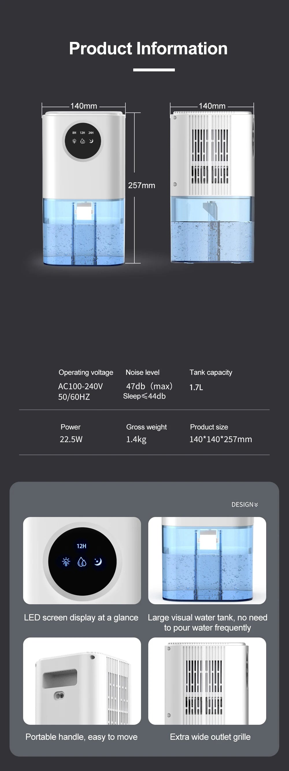 1.7L Silent Home Dehumidifier for Bedroom & Office
