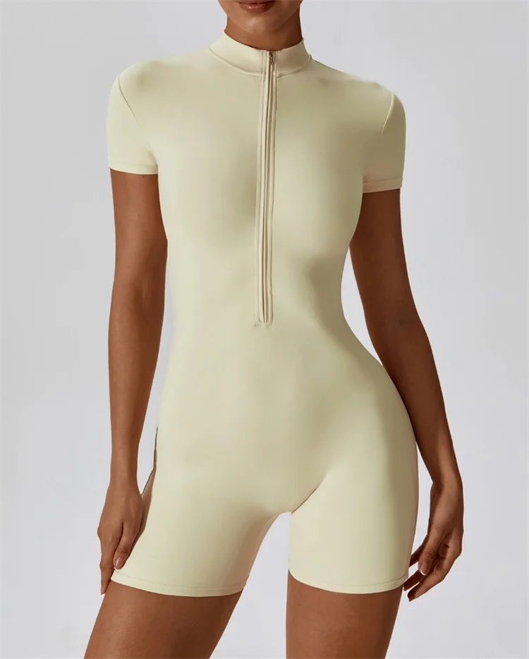 European-American Nude One-Piece Yoga Jumpsuit with Stand Collar