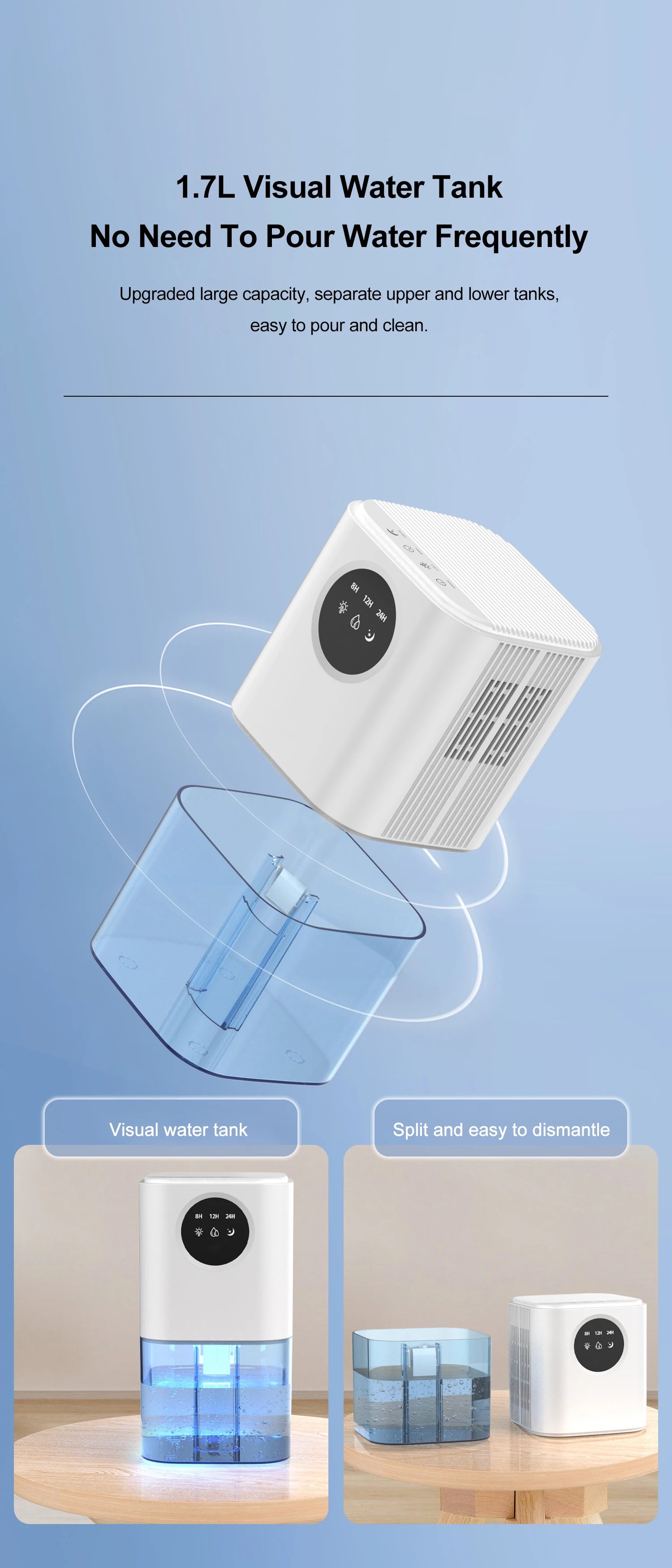 1.7L Silent Home Dehumidifier for Bedroom & Office