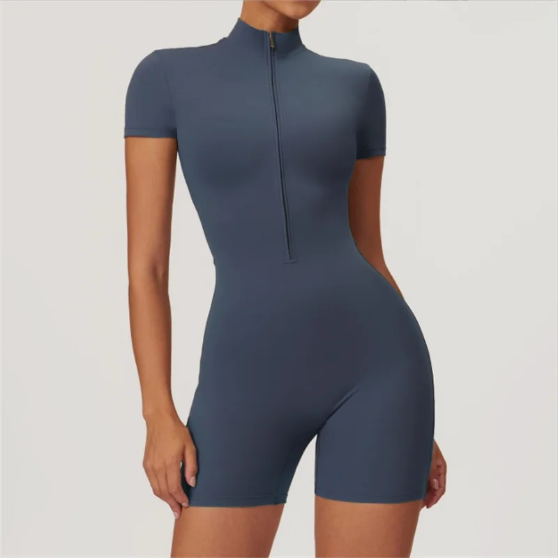 European-American Nude One-Piece Yoga Jumpsuit with Stand Collar
