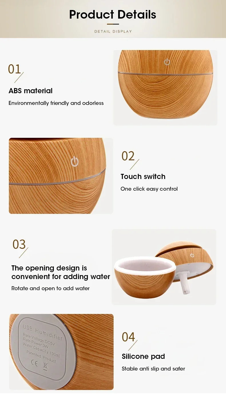 Mini Woodgrain USB Humidifier – Aromatherapy Oil Diffuser