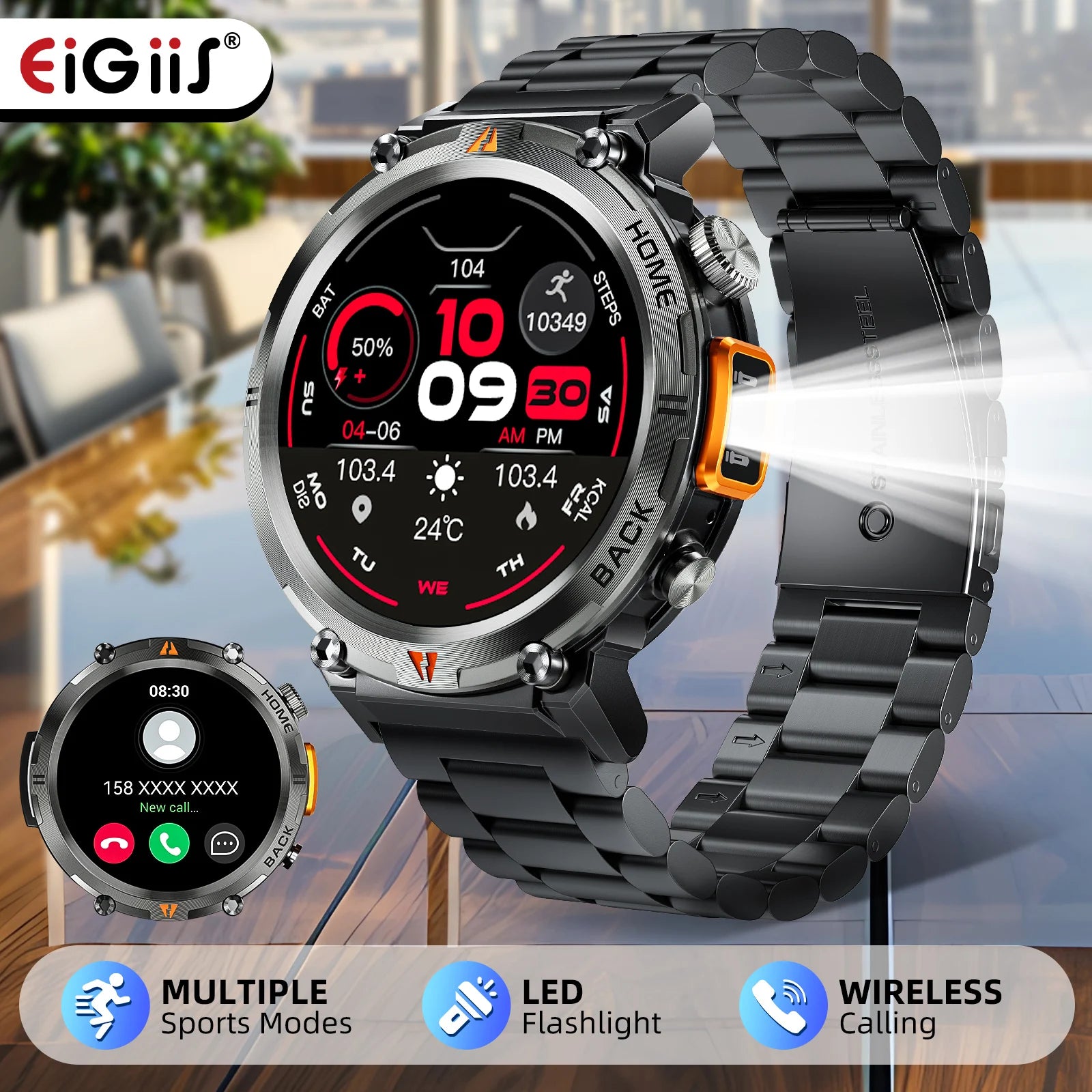 EIGIIS KE3 2024 Smartwatch with Bluetooth Call & Flashlight