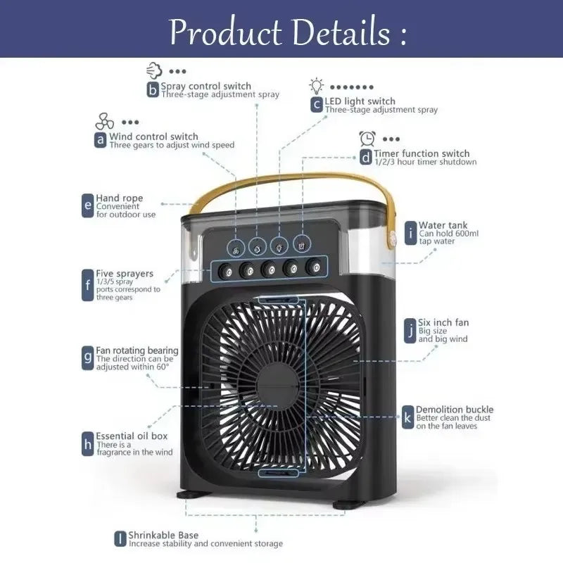3-in-1 Portable Air Cooler & Humidifier with LED Light